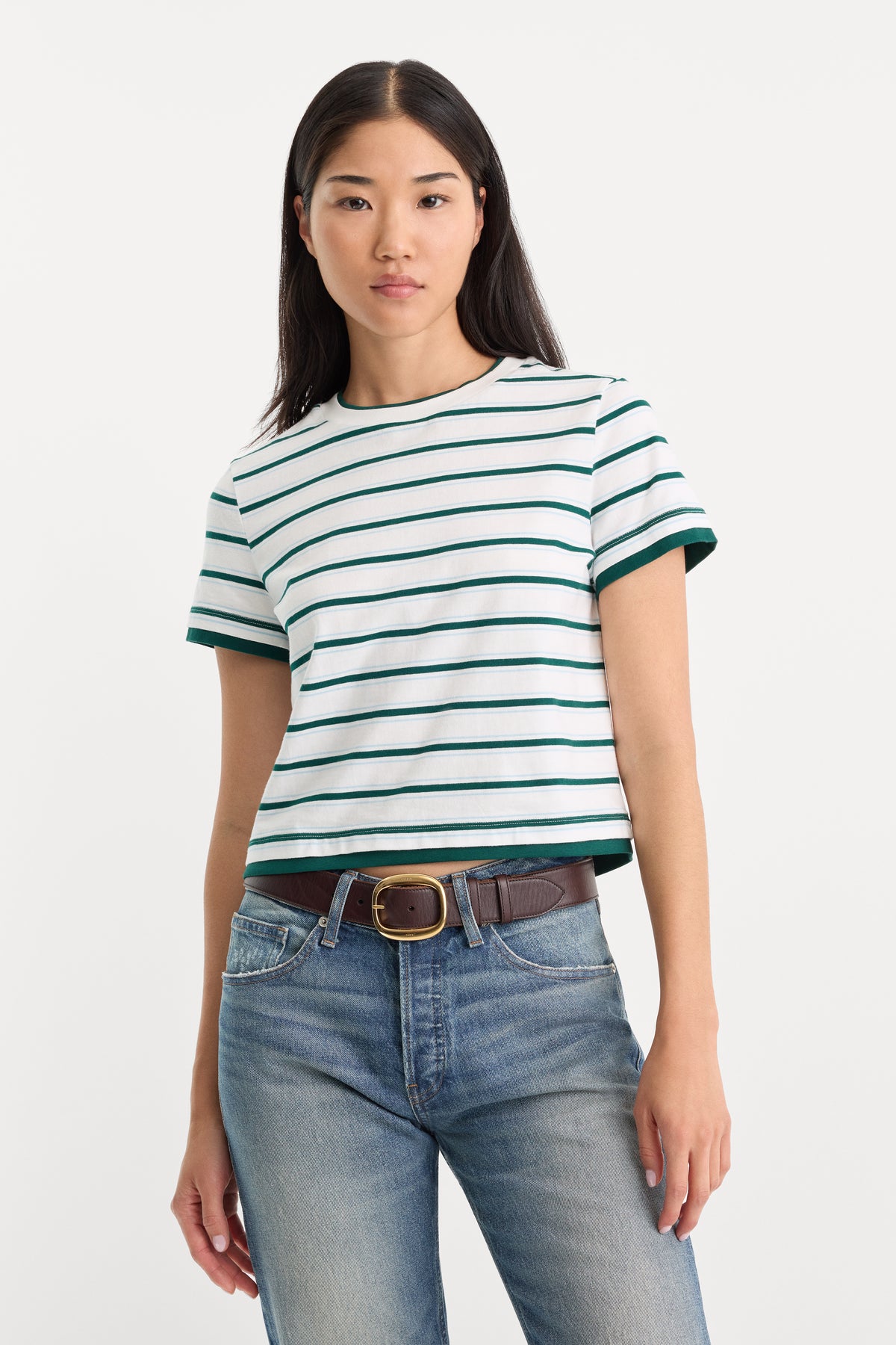 THE LAYERED TEE | FOREST MULTI STRIPE-1 | GOOD AMERICAN | MODEL