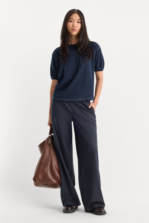 THE PINSTRIPE PULL ON TROUSER | NAVY PINSTRIPE-1 | GOOD AMERICAN | MODEL