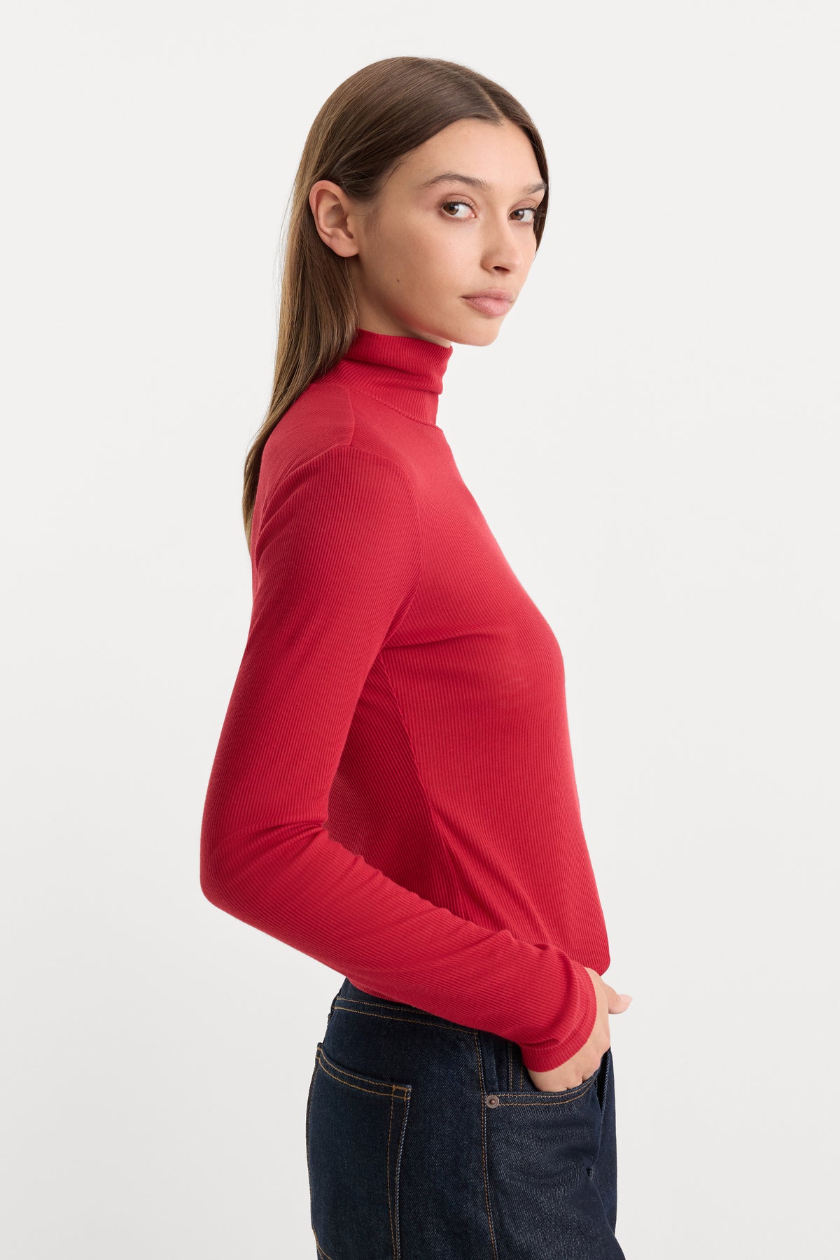 THE SHEER RIB TURTLENECK | CARMINE-2 | GOOD AMERICAN | MODEL