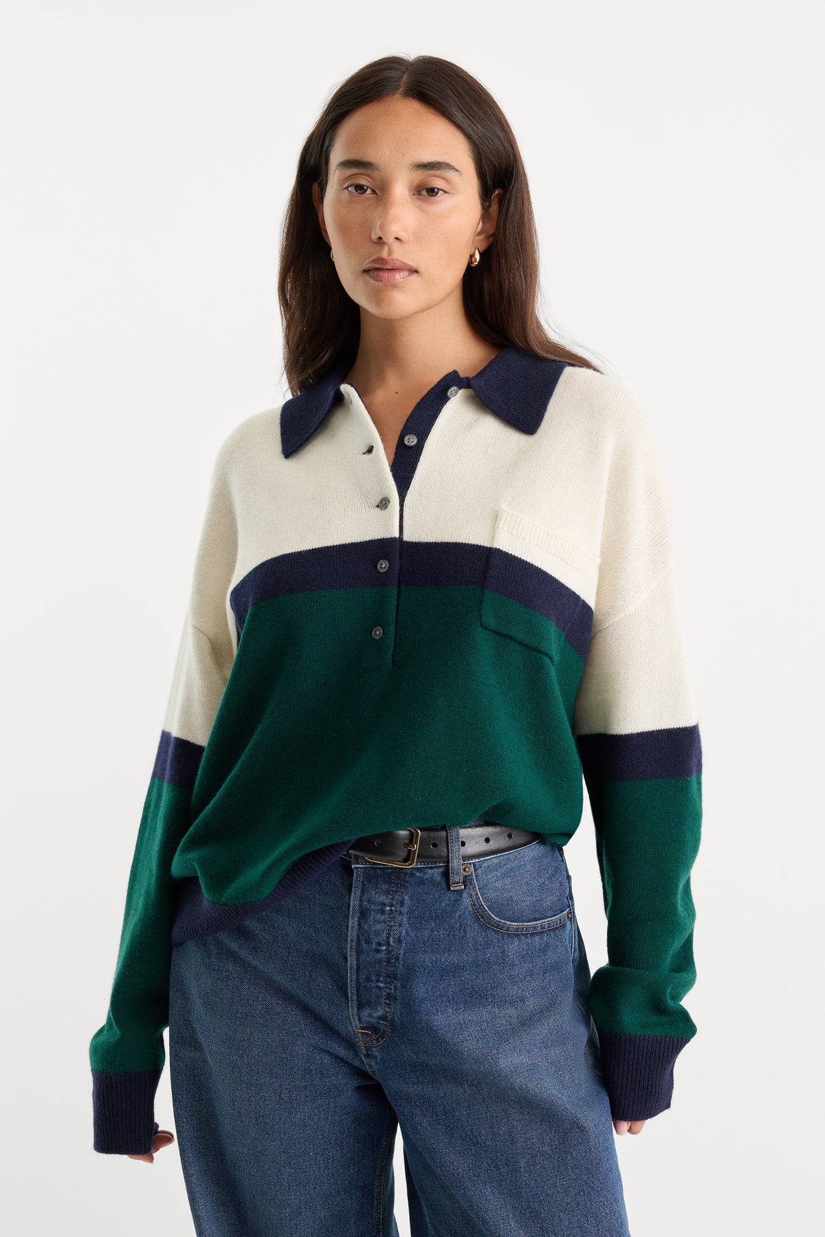 THE OVERSIZED RUGBY SWEATER | FOREST BLOCKED STRIPE-1 | GOOD AMERICAN | MODEL