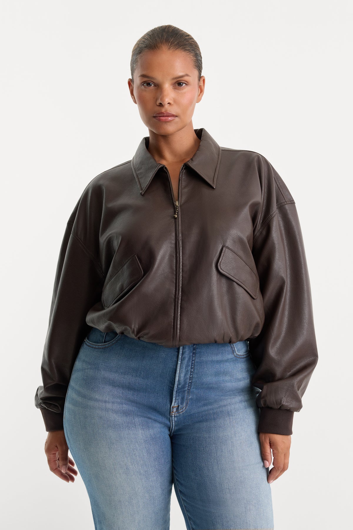 THE BETTER THAN LEATHER BOMBER JACKET | ESPRESSO-1 | GOOD AMERICAN | MODEL