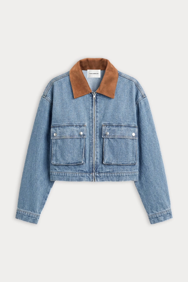 THE DENIM SWING CROPPED JACKET | AMBER-6 | GOOD AMERICAN | FLAT