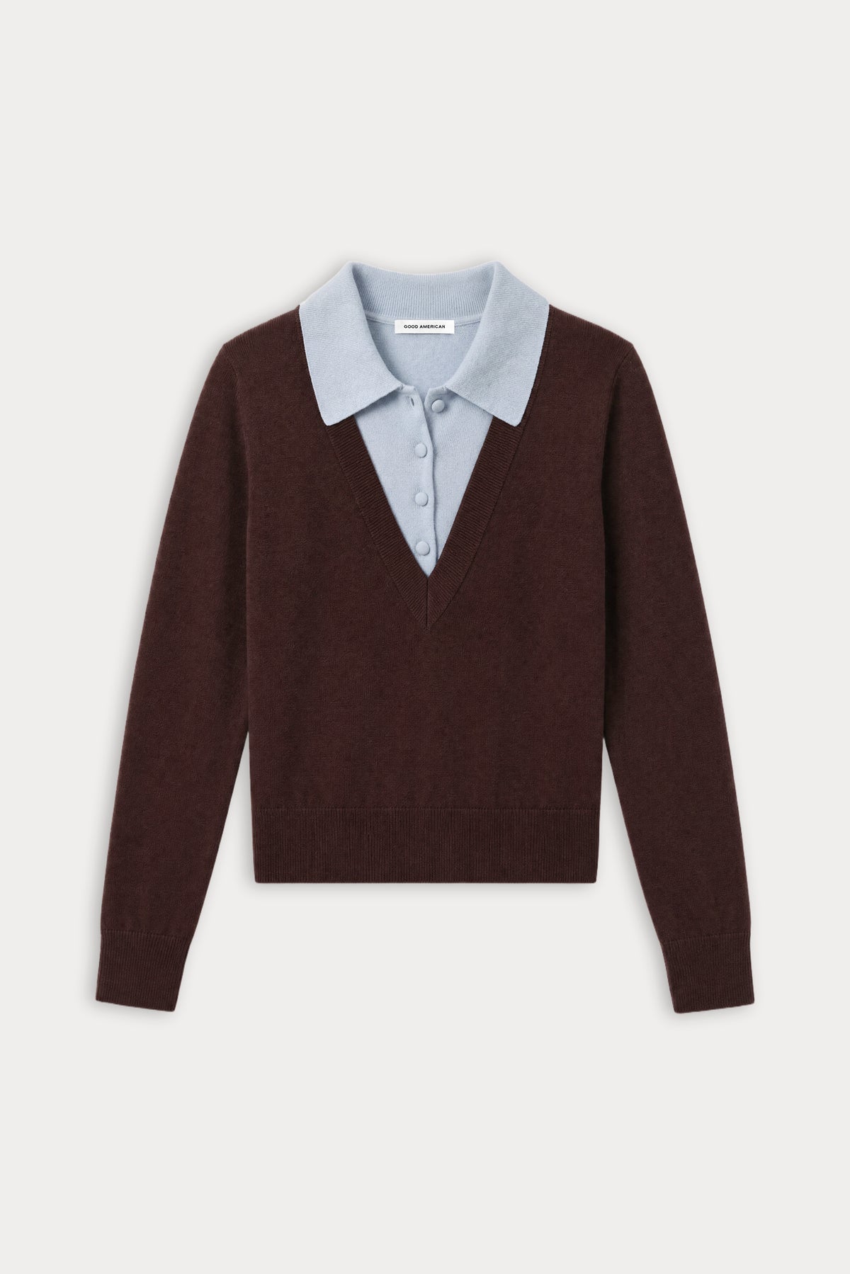 THE TWO IN ONE SWEATER | MOCHA WITH SKY-6 | GOOD AMERICAN | FLAT