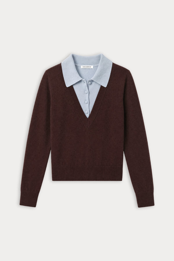 THE TWO IN ONE SWEATER | MOCHA WITH SKY-6 | GOOD AMERICAN | FLAT