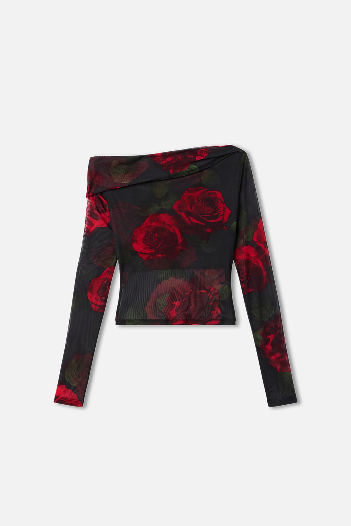 MESH RUCHED ASYMMETRIC TOP | MOODY RED ROSES001