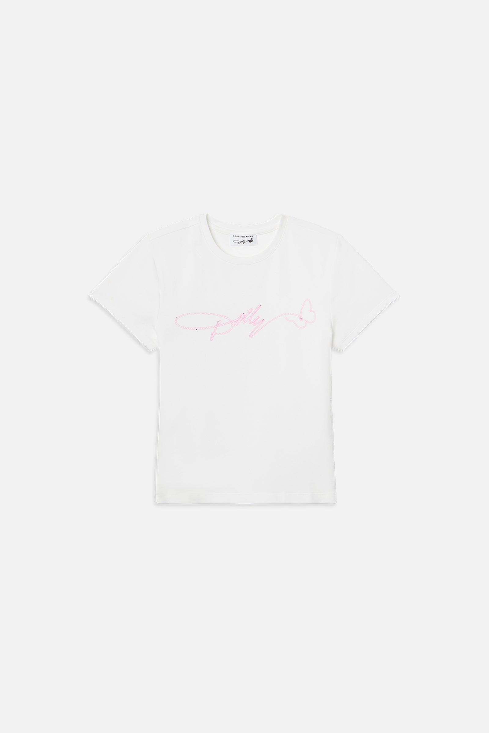 DOLLY SIGNATURE SUPER STRETCH BABY TEE | WHITE/DOLLY PINK