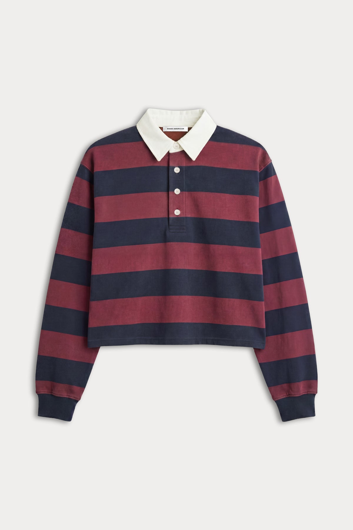 THE CROPPED RUGBY POLO | NAVY BERRY NOIR BLOCK STRIPE-5 | GOOD AMERICAN | MODEL