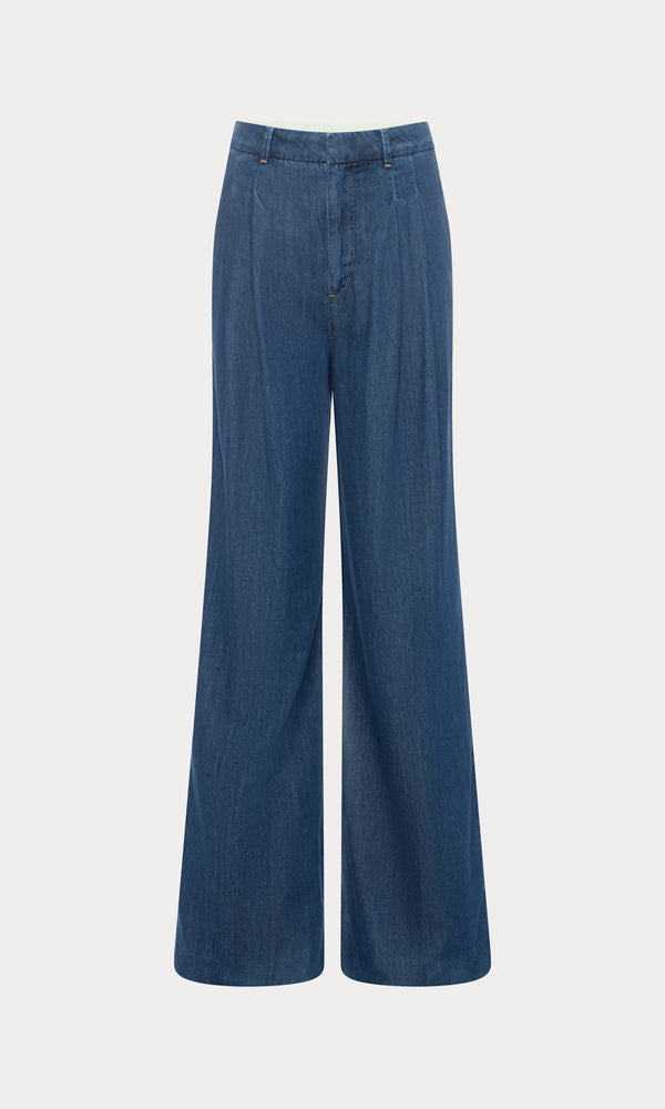 PLEATED HIGH WAISTED WIDE LEG TROUSER | INDIGO1187
