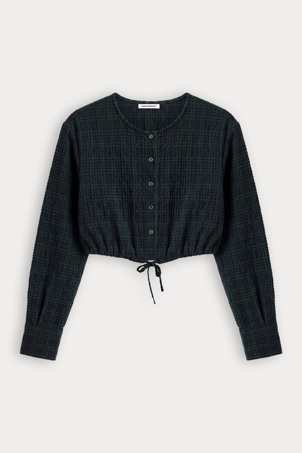 THE CRINKLE CINCHED SHIRT | FOREST PLAID-6 | GOOD AMERICAN | FLAT