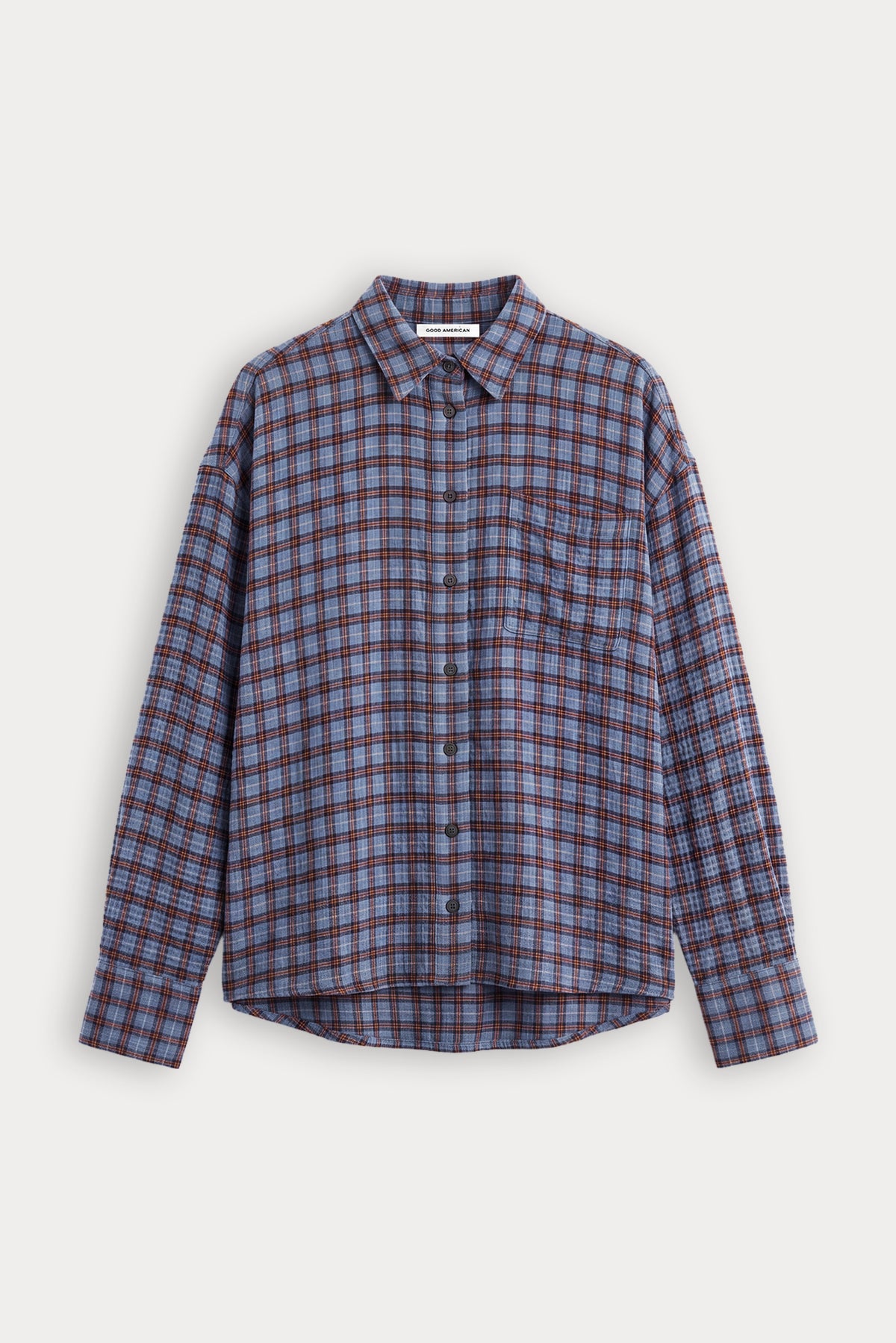 THE CRINKLE EASY SHIRT | BLUE PLAID-6 | GOOD AMERICAN | FLAT