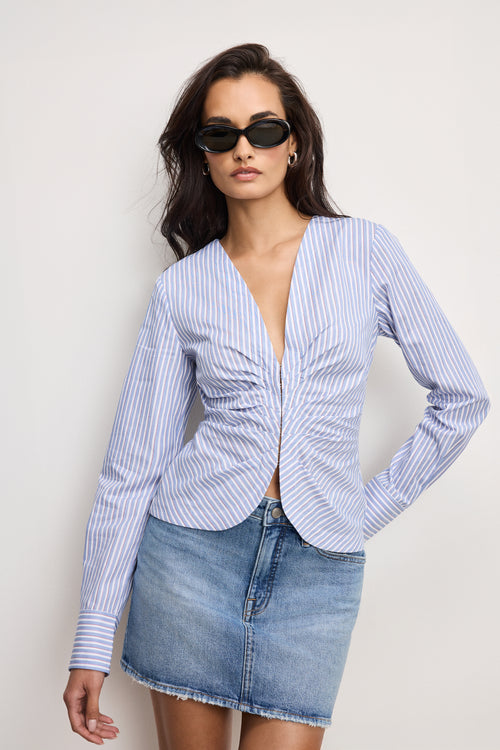 POPLIN RUCHED SHIRT | VACAY STRIPE001