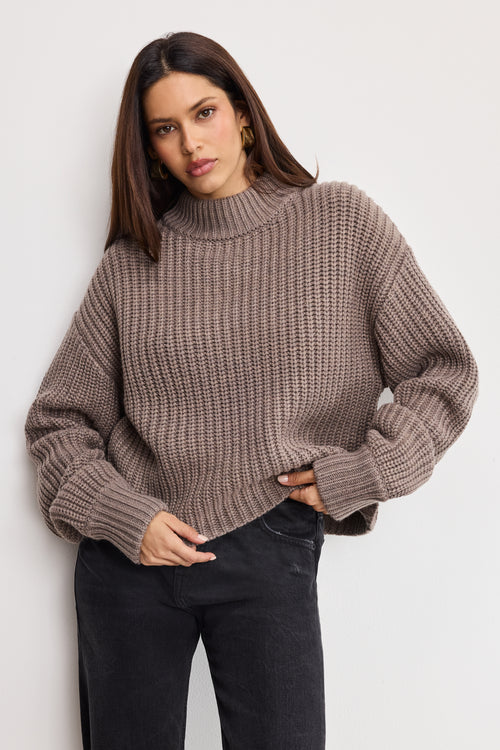 CHUNKY KNIT MOCK NECK SWEATER | SMOKE