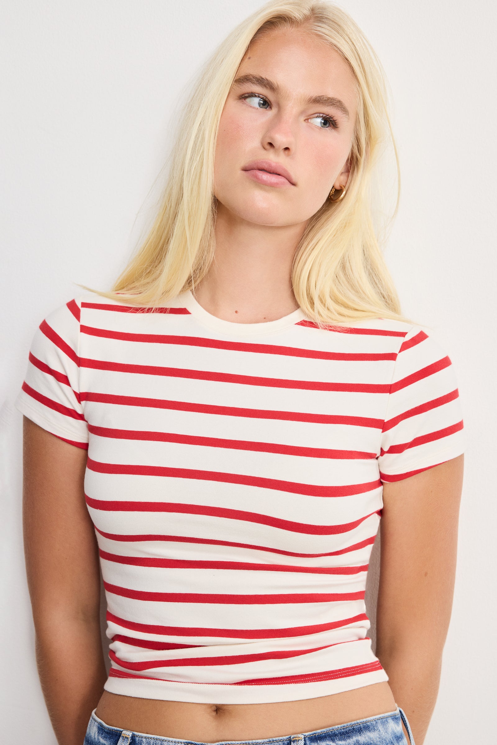SUPER STRETCH BABY TEE | ECRU &amp; CHILI WIDE STRIPE