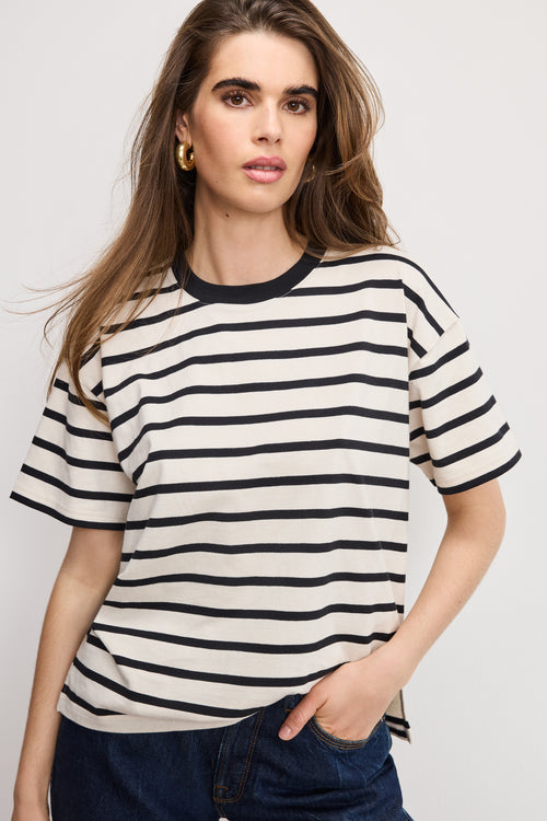 COTTON OVERSIZED TEE | BLACK AND ECRU WIDE STRIPE